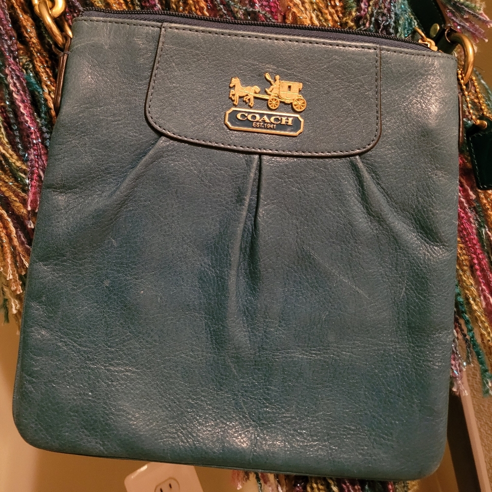 JUST REDUCED!  EUC COACH MADISON LEATHER CROSSBODY  BLUE GREEN TEAL COLOR